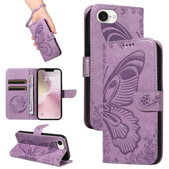 Dteck Pattern Case for iPhone SE4,Magnetic Leather Butterfly Floral Embossed Flip Case Card Slots Wallet Stand Cover with Wrist Strap for iPhone SE4,Purple