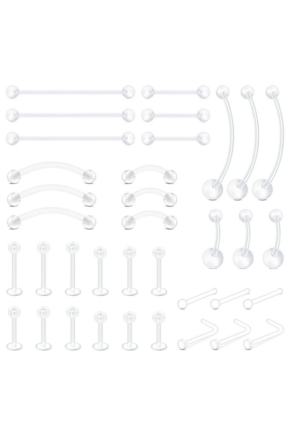 36Pcs Clear Piercing Retainers for Nipple Tongue Nose Septum Eyebrow Belly Earrings Tragus Helix Cartilage Industrial Lip Labret Rings Stud
