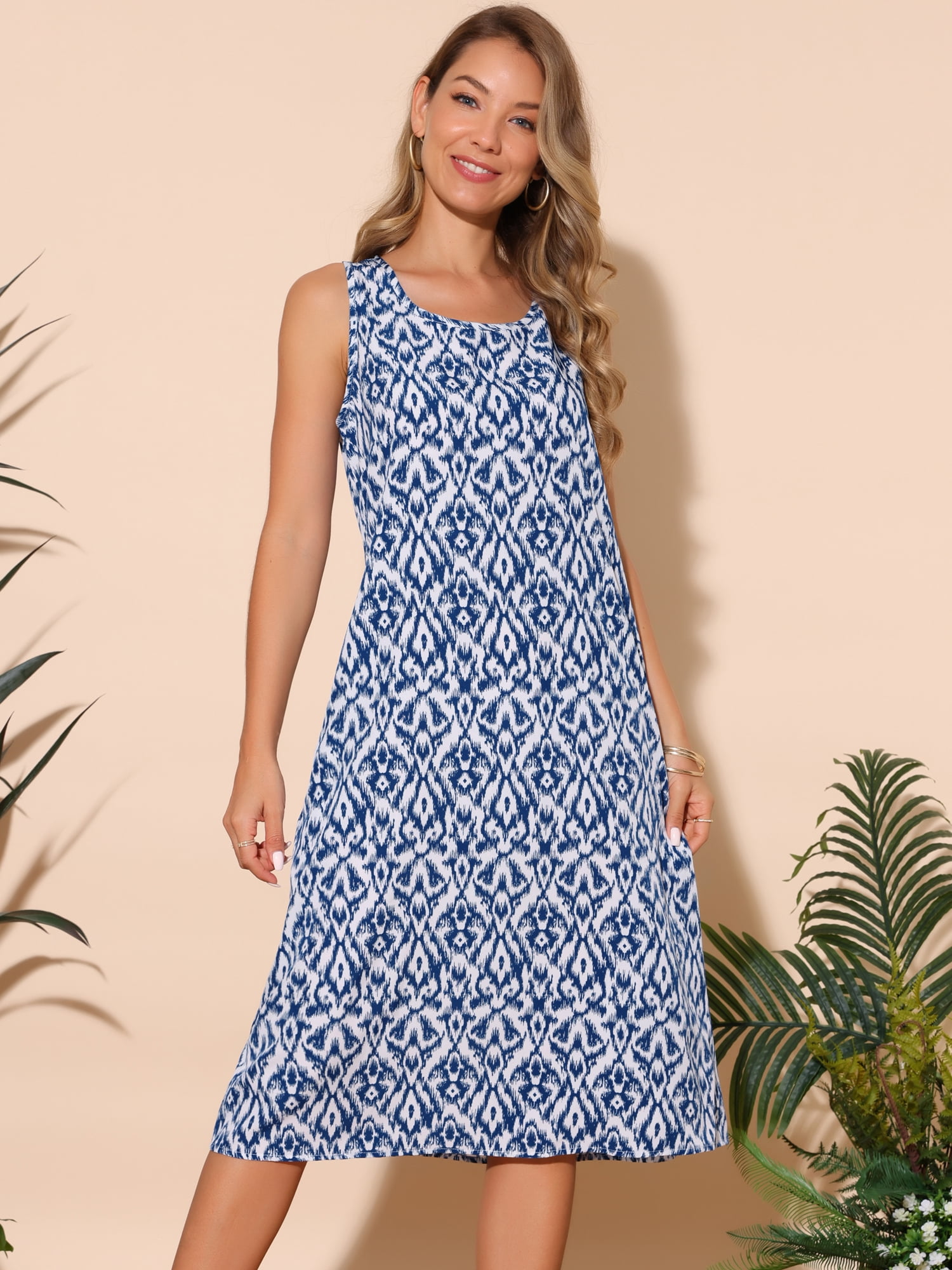DARING DIVA Sleeveless Crewneck Print Midi Tank Dress M Dark Blue
