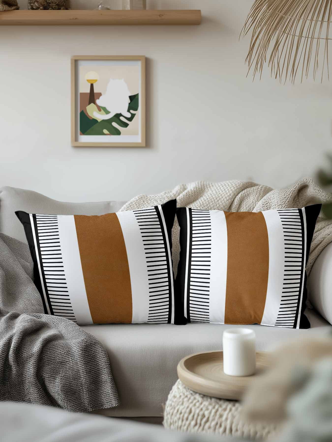Waterproof Outdoor Throw Pillows with Inserts 18"x18" Set of 2,Modern Brown Black Soft Decorative Pillowcases for Couch Bedroom,Boho Contemporary Geometric Striped Pillow Covers for Sofa Living Room