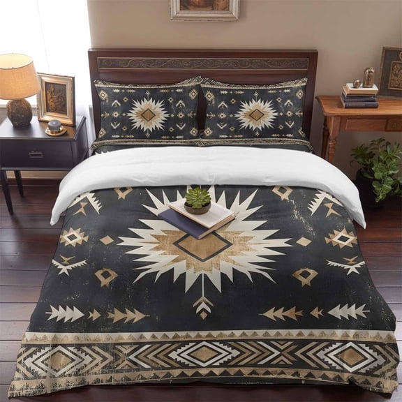 Tribal Southwestern Arrow Texture Queen Size Bed Set,Retro Black Brown Sunburst Bedding for All Seasons,4 Pcs Bed Set,1 Quiltcover (90"x90"),1 Sheet (90"x102"),2 Pillowcases (20"x30")