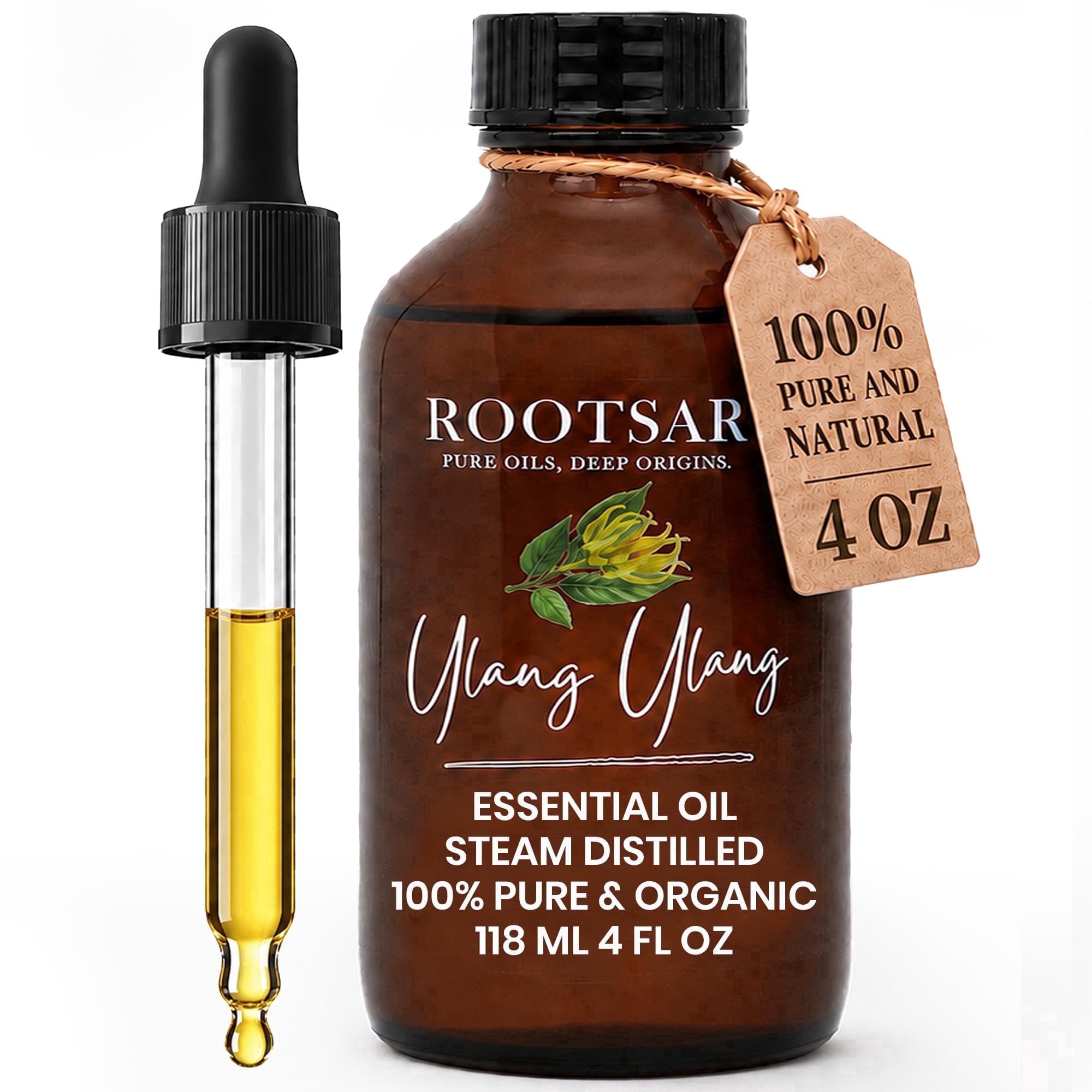Rootsar Ylang Ylang Essential Oil – 100% Pure Organic Ylang Ylang Oil, Steam Distilled, 4 fl oz / 118 ML – Premium Essential Oil for Diffuser, Aromatherapy, Massage, Skin Care, Candle & Soap Making