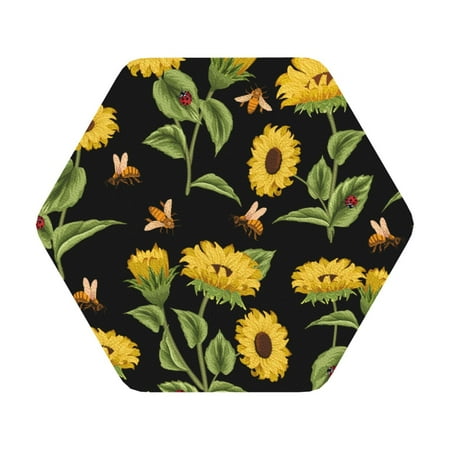 

Coaee Bees and Sunflowers Print Leather Coasters Set of 6 Non-Slip Washable Cup Coasters for Home Office Bar Hexagon