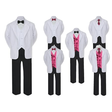 

5-7pc Formal Black White Suit Set Burgundy Bow Necktie Vest Boy Baby Sm-20 Teen