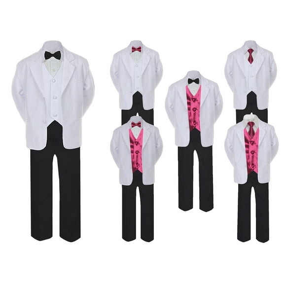 5-7pc Formal Black White Suit Set Burgundy Bow Necktie Vest Boy Baby Sm-20 Teen