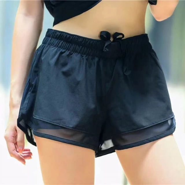 Pantalones cortos deportivos para mujer, de malla suelta, antiexposición, con doble bolsillo, de secado rápido, para correr, fitness aeróbico, pantalones cortos de cintura alta para exteriores