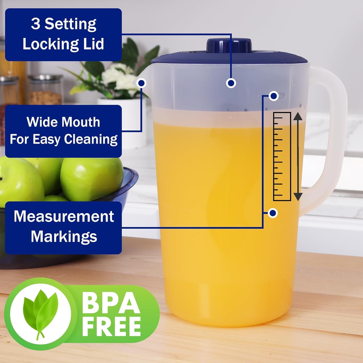 Water Pitcher with Lid 1 Gallon Pitcher, Freezer/Dishwasher Safe, BPA Free & Phthalate - Navy