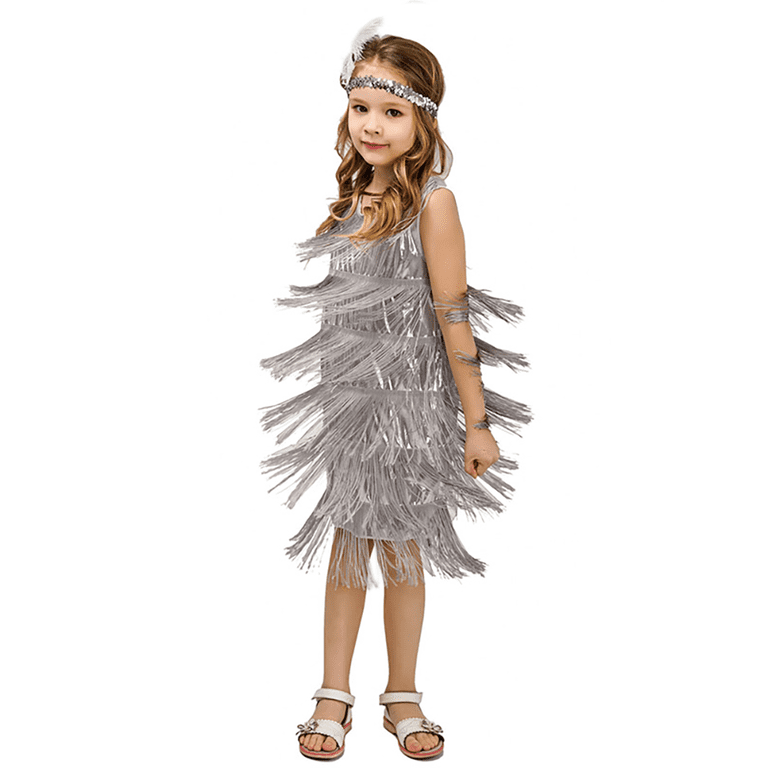 IBTOM CASTLE Kids Girls 1920s Flapper Dress Vintage Sequins Fringe Gatsby  Halloween Party Dress up with Feather Headband 4-6 Years Silver -  Walmart.com