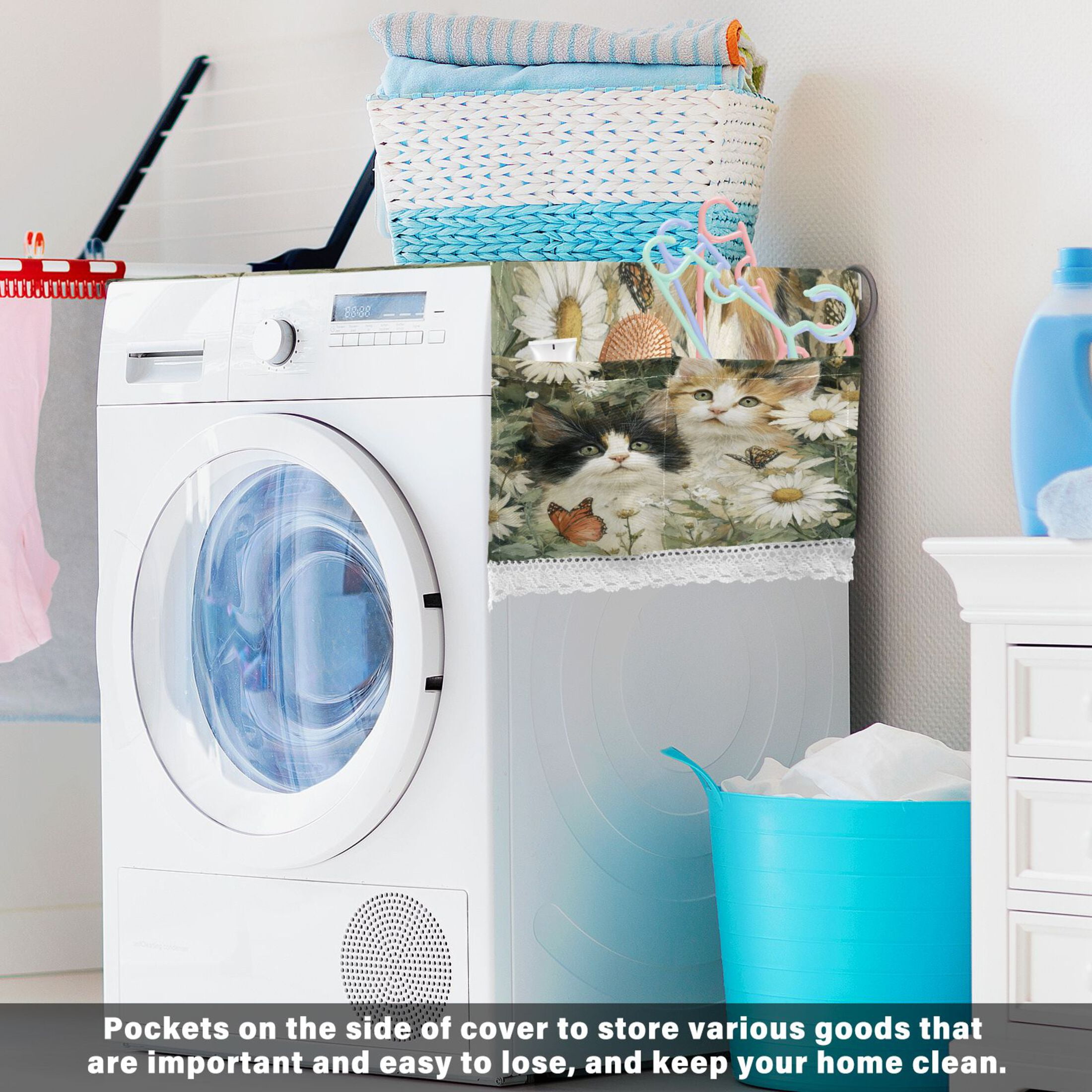 Dustproof Washing Machine Cloth Washer and Dryer Top Covers, Fridge Dust Cover, With Storage Bags Adorable Cats and Daisies