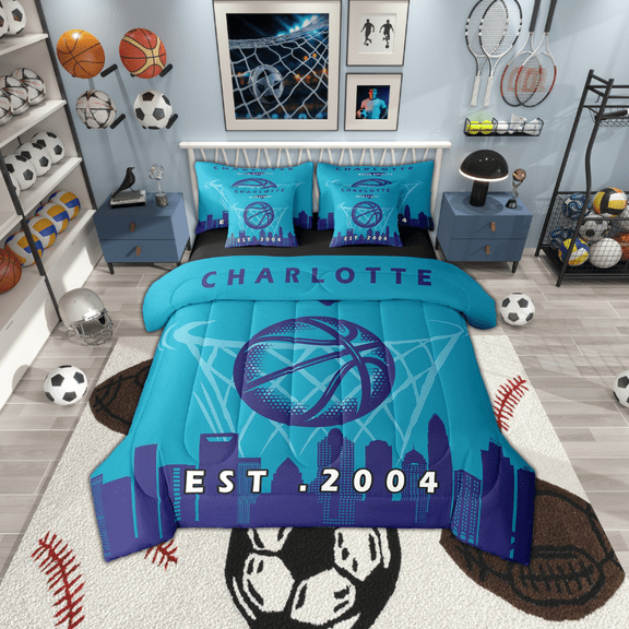 Erosebridal 7 Pcs Comforter Set Full Size,Bed in a Bag with Flat Sheet and Fitted Sheet and Adults,Basketball Bedding Set with Pillowcase and Sham,Charlotte