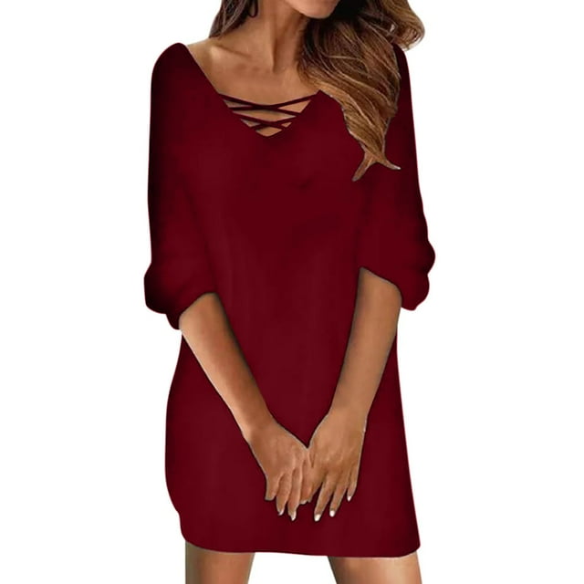 Vestido holgado de manga larga con cuello en V para mujer - Color liso, informal para fiestas y para el día a día