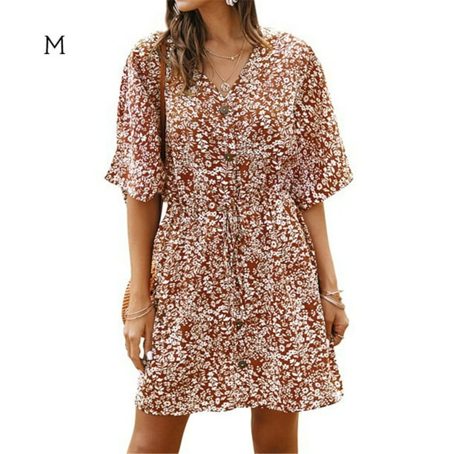 Robe Femme à Col en V Vêtements d'Été Robe Décontractée pour Femme à Imprimé Floral Robe à Manches Courtes, Orange, m