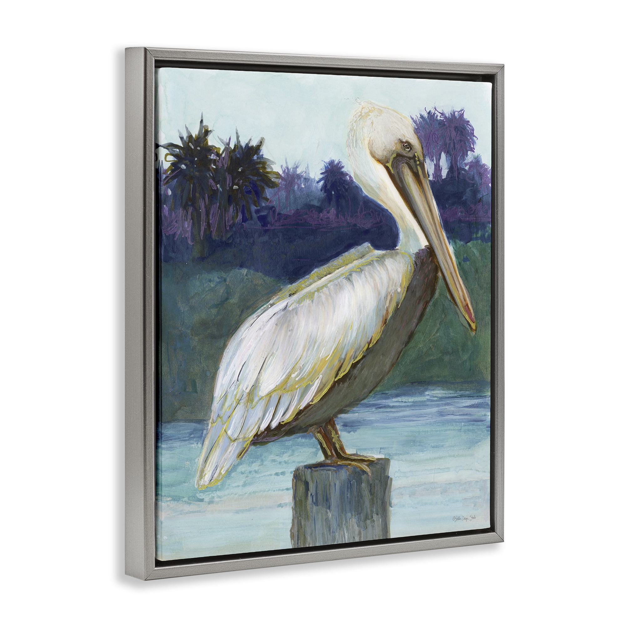 Stupell Industries Tropical Pelican Perched Animals & Insects Painting Gray Floater Framed Canvas Art Print Wall Art, 17 x 21