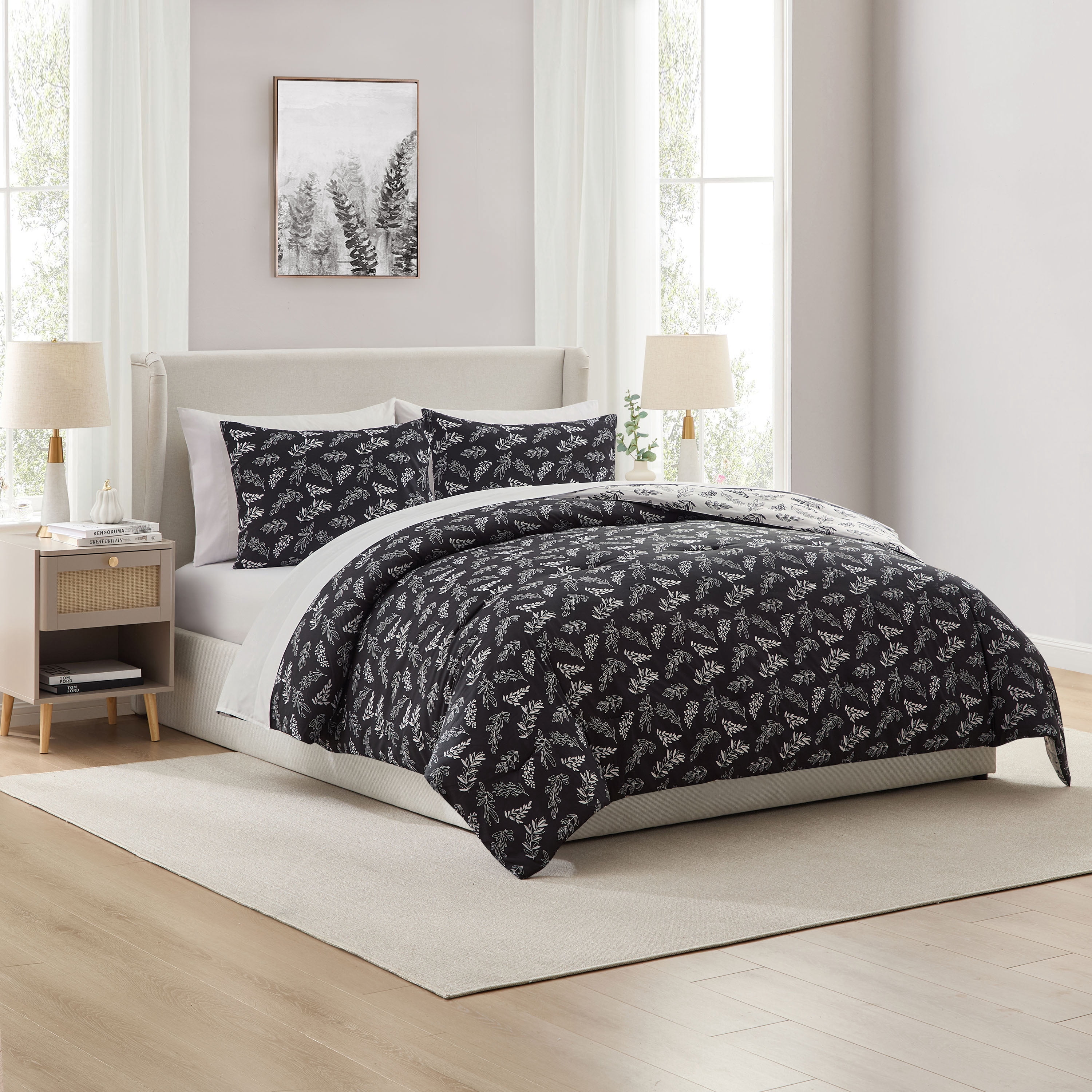 LammaLoe Twin XL Comforter Sets, 5 Piece Reversible Botanical Bed in a Bag, Dorm Bedding Comforter Set with Sheets, Modern Bed Set, Jet Black/Optical White