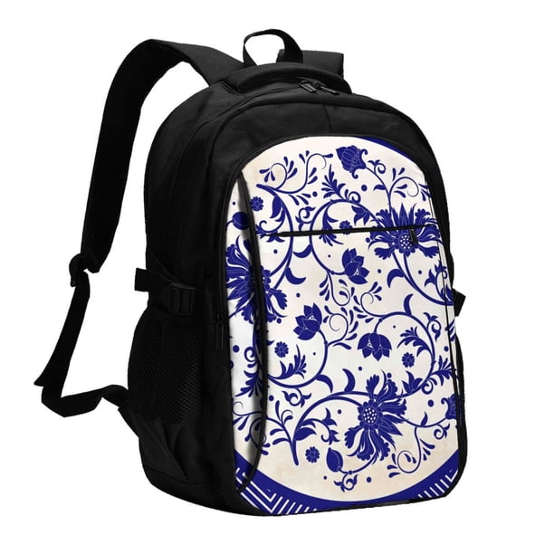 Balery Blue And White Porcelain Pattern Mochila con carga USB para hombre y mujer - Mochila impermeable y antirrobo para portátil con puerto USB para viajes, trabajo, estudios y universidad