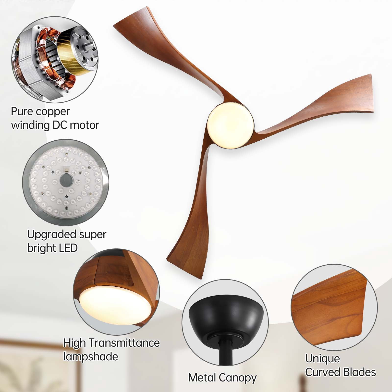 Sofucor 52 Inch Low Profile Ceiling Fan With Light Remote Control，Modern Sloped Ceiling Fan With Reversible Dc Motor For Bedroom Kitchen Bedroom Basement Dining Living Room Dark Wood