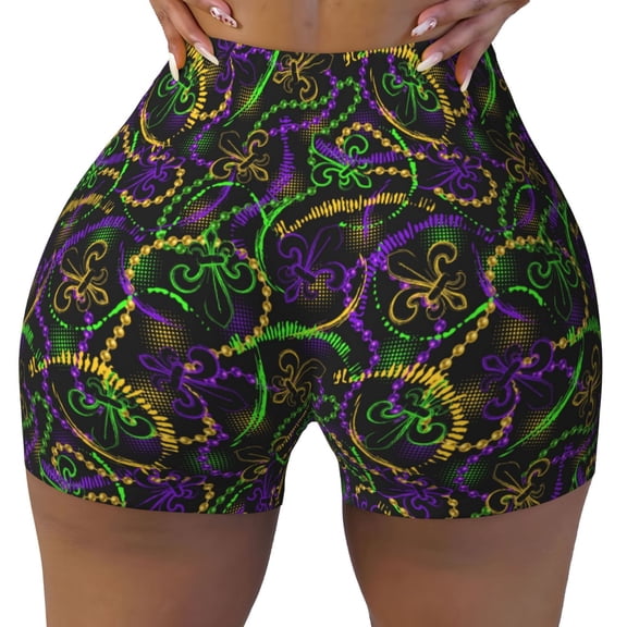 Xecao Neon Mardi Gras Print Workout Shorts for Women Soft Smooth Gym Yoga Scrunch Active Tennis Workout Running Shorts