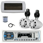 Pyle PLMRB29W Single DIN Bluetooth Marine MP3 AM/FM Stereo Receiver with White Cover, 22" Radio Antenna, Wire, 2x 2.25" 10W Max Full Range Waterproof Off-Road Audio Speakers (White)