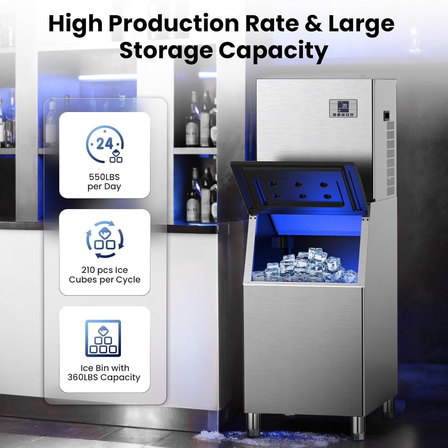 Ecojoy Commercial Ice Maker 550 Lbs/24H, 360 Lbs Large Storage Air-Cooled Commercial Ice Machine