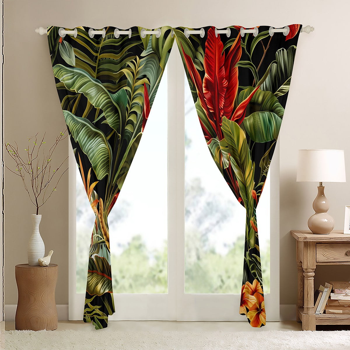 Green Leaf Plant Curtains,Tropical Botanical Leaves Curtains 30%-50% Blackout Adults,Jungle Forest Palm Leaf Curtains Hawaiian Style Nature Theme Window Curtains 2 Panels 52"Wx63"L