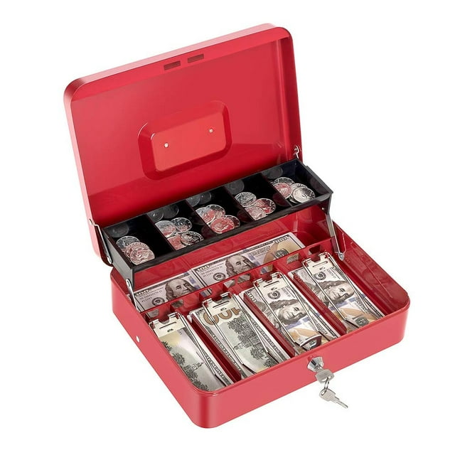 Caja de Dinero Segura de Metal Roja con Cerradura de Llave y Bandeja para Monedas