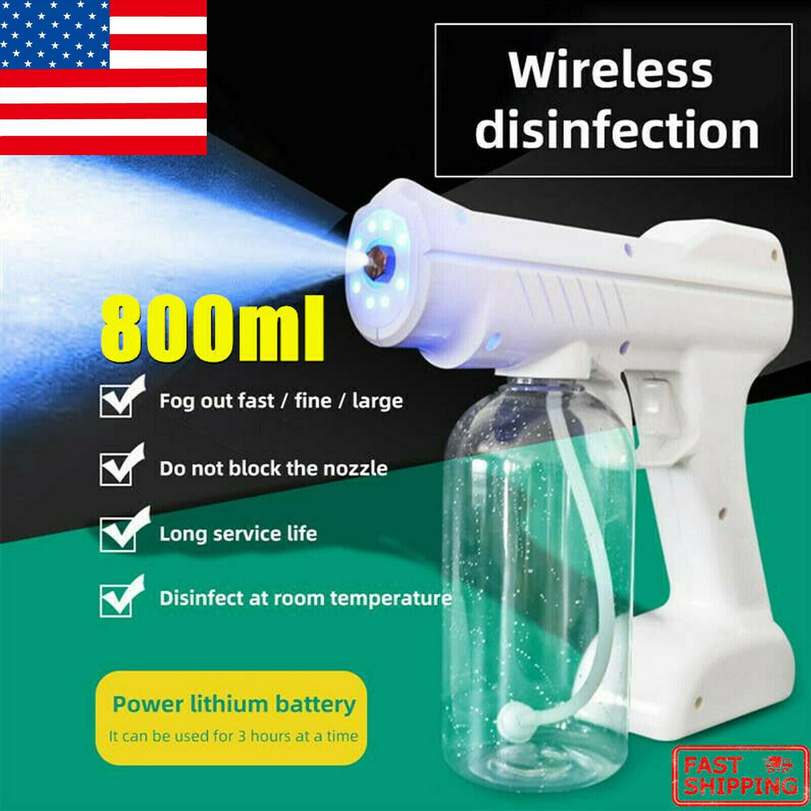 800ml Cordless USB Sanitizer Sprayer Disinfection Fogger Spray Gun White 
