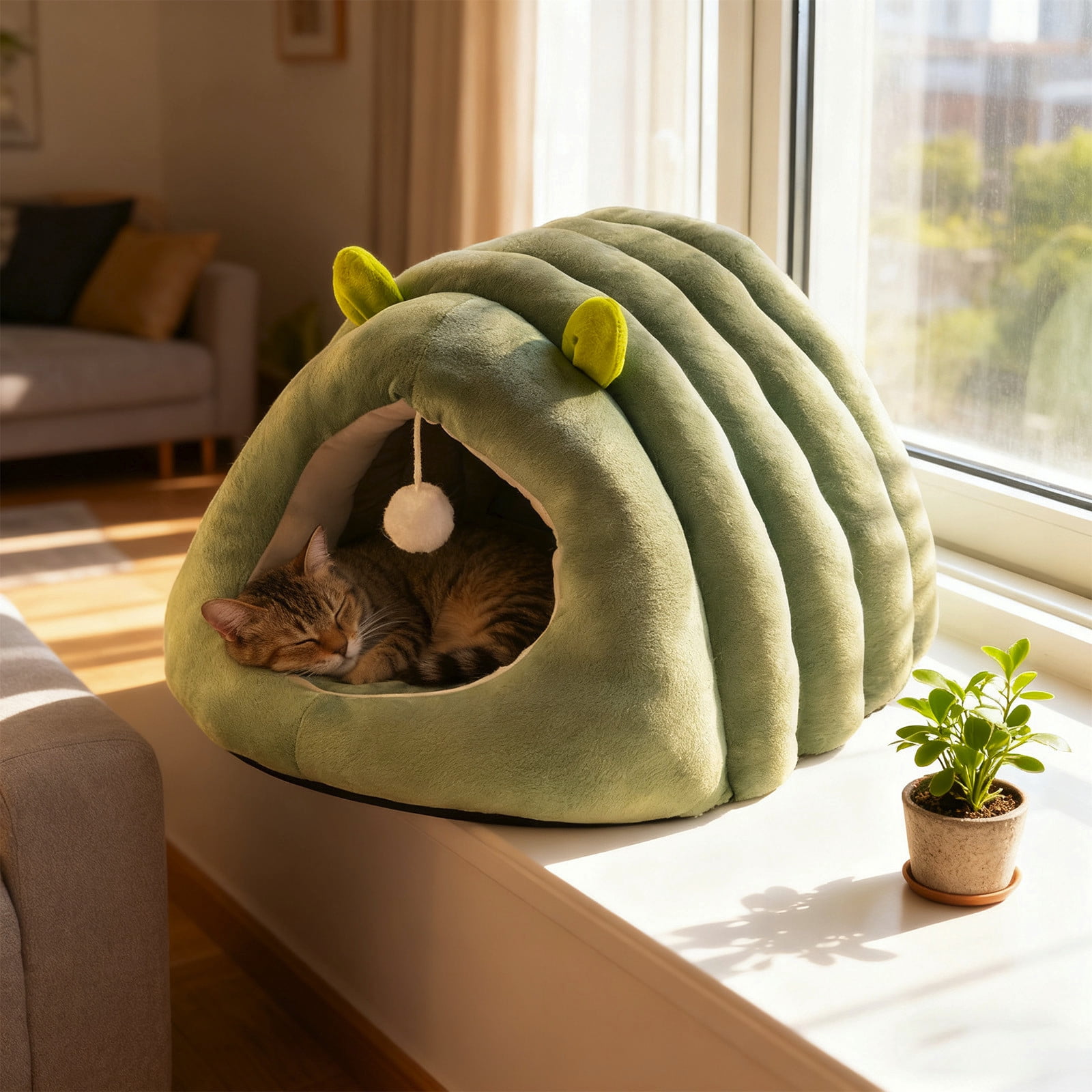 Green Upgraded Calming Pet Bed - Fluffy Plush Anti-Anxiety Cuddler Bed for Cats & Dogs, Warm Winter Snuggle Bed with Removable Cushion