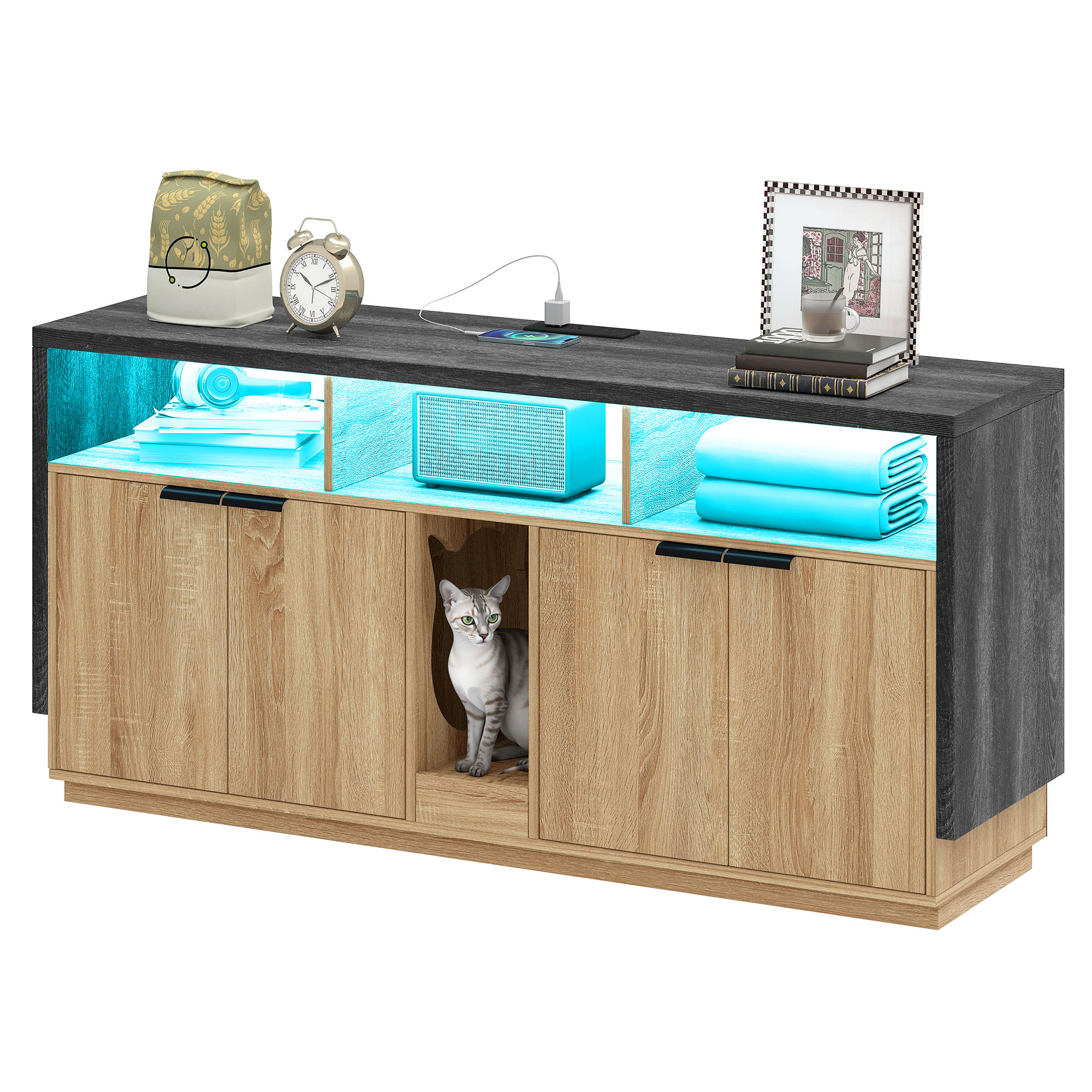 Uforic Double Cat Litter Box Enclosure with Power Hub & LED Light – 59" Oak TV Stand Cabinet for 2 Cats, Hidden Litter Furniture