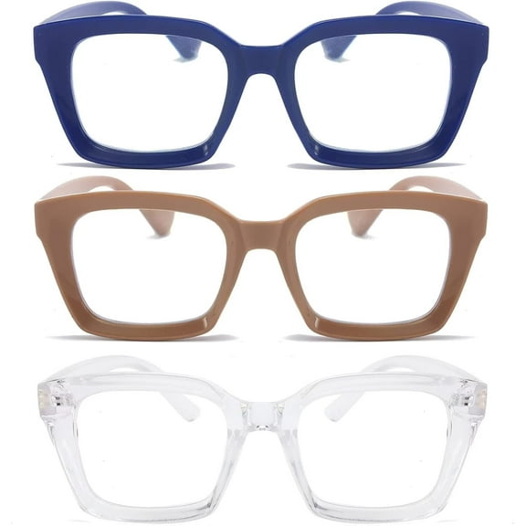 REAVEE 3 Pack Reading Glasses Women Blue Light Blocking, Oprah Style Computer Readers Retro Classical, Blue Khaki Transparent 2.5