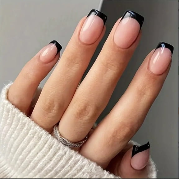 French Tip Press on Nails Short Square Fake Nails Black Acrylic Nails with White Heart Design Stick on Nails Artificial Full Cover Glossy Glue on Nails for Women Girls Valentine's Day Manicure 24pcs