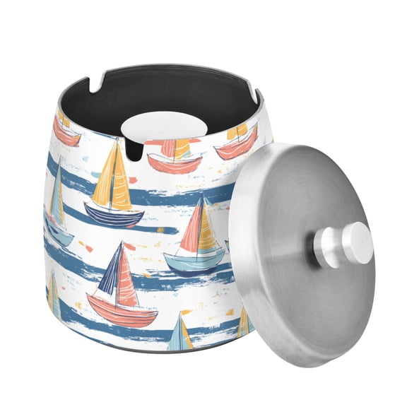 Yayeee Ashtray with Lid for Cigarette Smokeless Stainless Steel Home Ash Holder, White Hand Drawn Sailboats