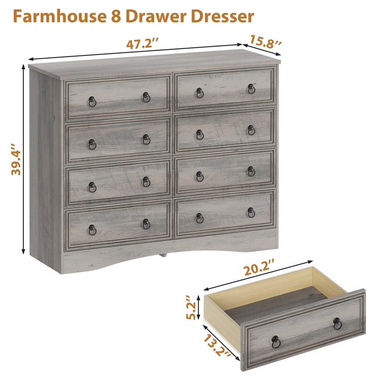 Winkalon Horizontal 8 Drawer Dresser, Gray Wood Storage Cabinet, Double Dresser for Bedroom Living Room
