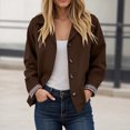 thumbnail image 2 of larppty Women Oversize Trench Coat Plaid Lining Lapel Button Down Casual Crop Jacket Outwear with Pockets (Coffee, S), 2 of 5