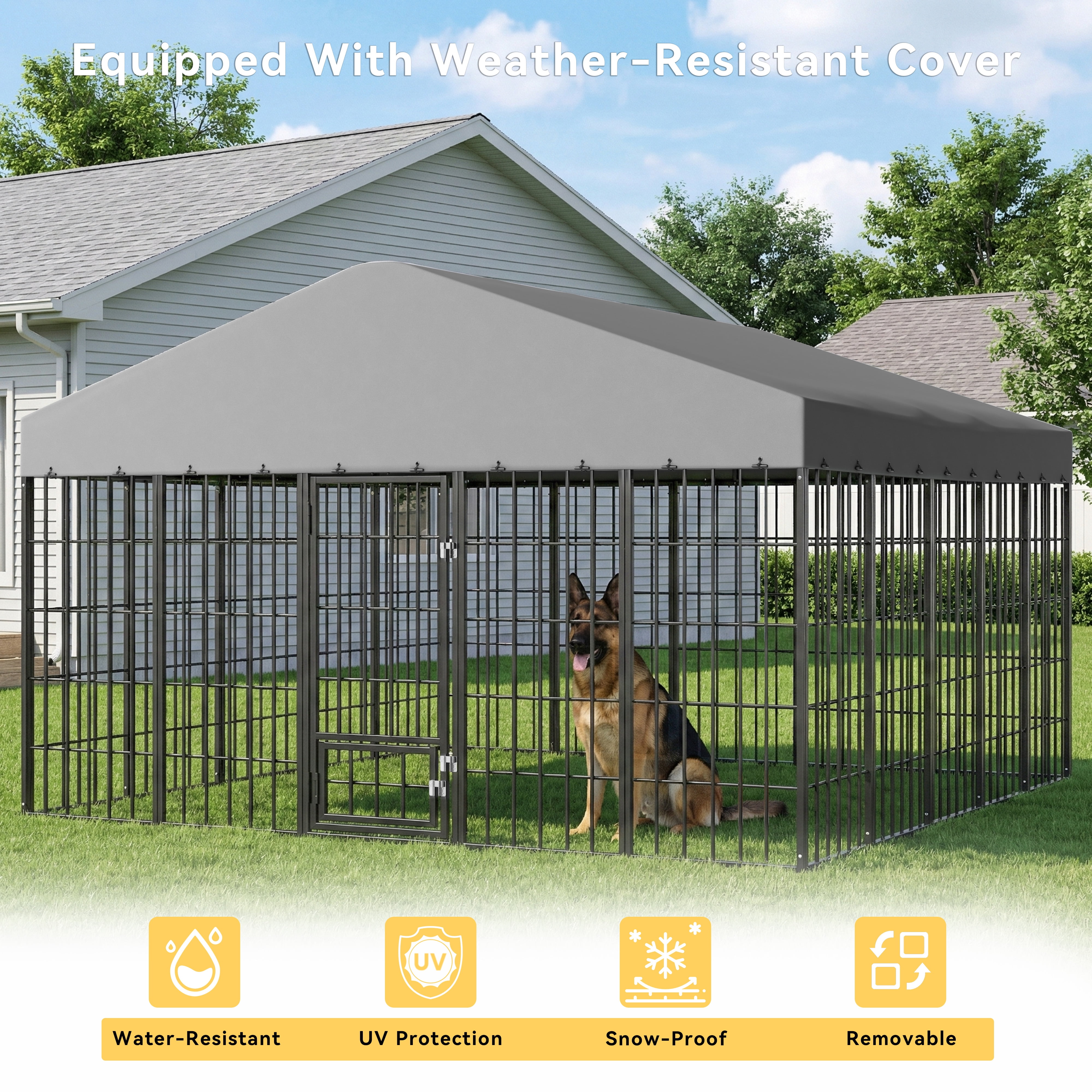 ALAULM Large Outdoor Dog Kennel,10x10FT Heavy-Duty Modular Dog Cage with Roof Dog Pens Outside with Double Doors & Weatherproof Cover Dog Enclosure for Patio,Garden