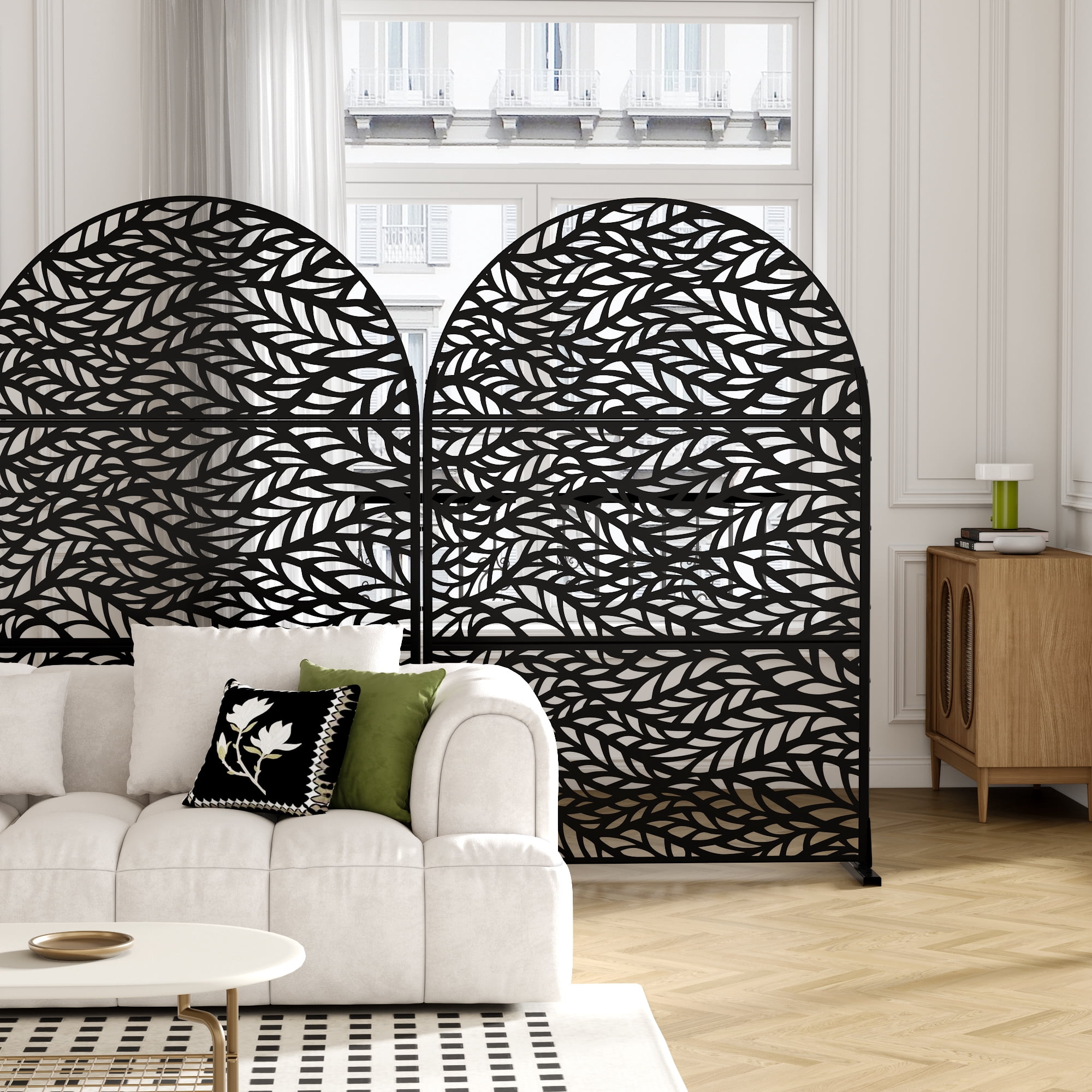 MAYEERTY 72*47" Outdoor Arched Metal Freestanding Privacy Panel Screen, Flowing Leaf Pattern, Black
