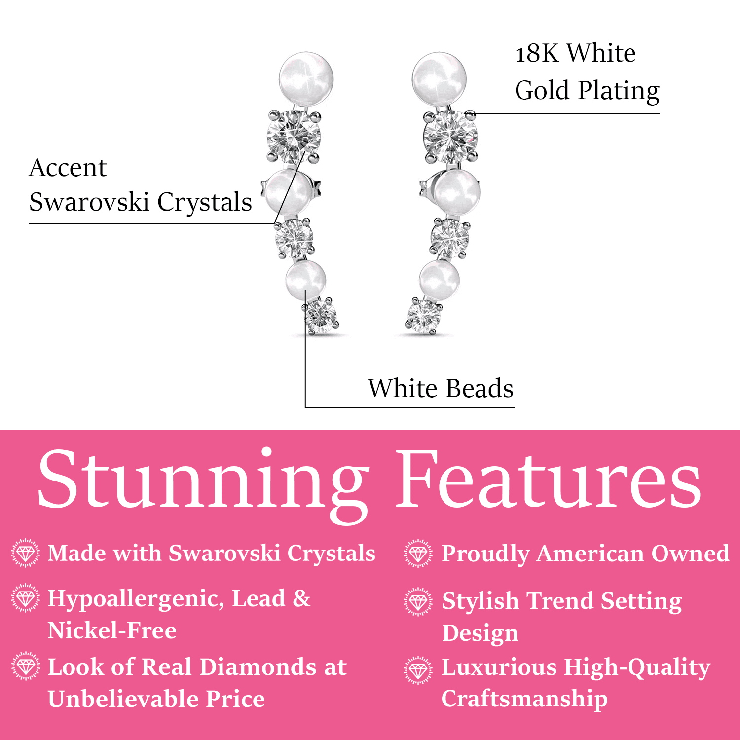 Cate & Chloe Juniper 18k White Gold Plated Wrap Earrings with Swarovski and White Beads for Women