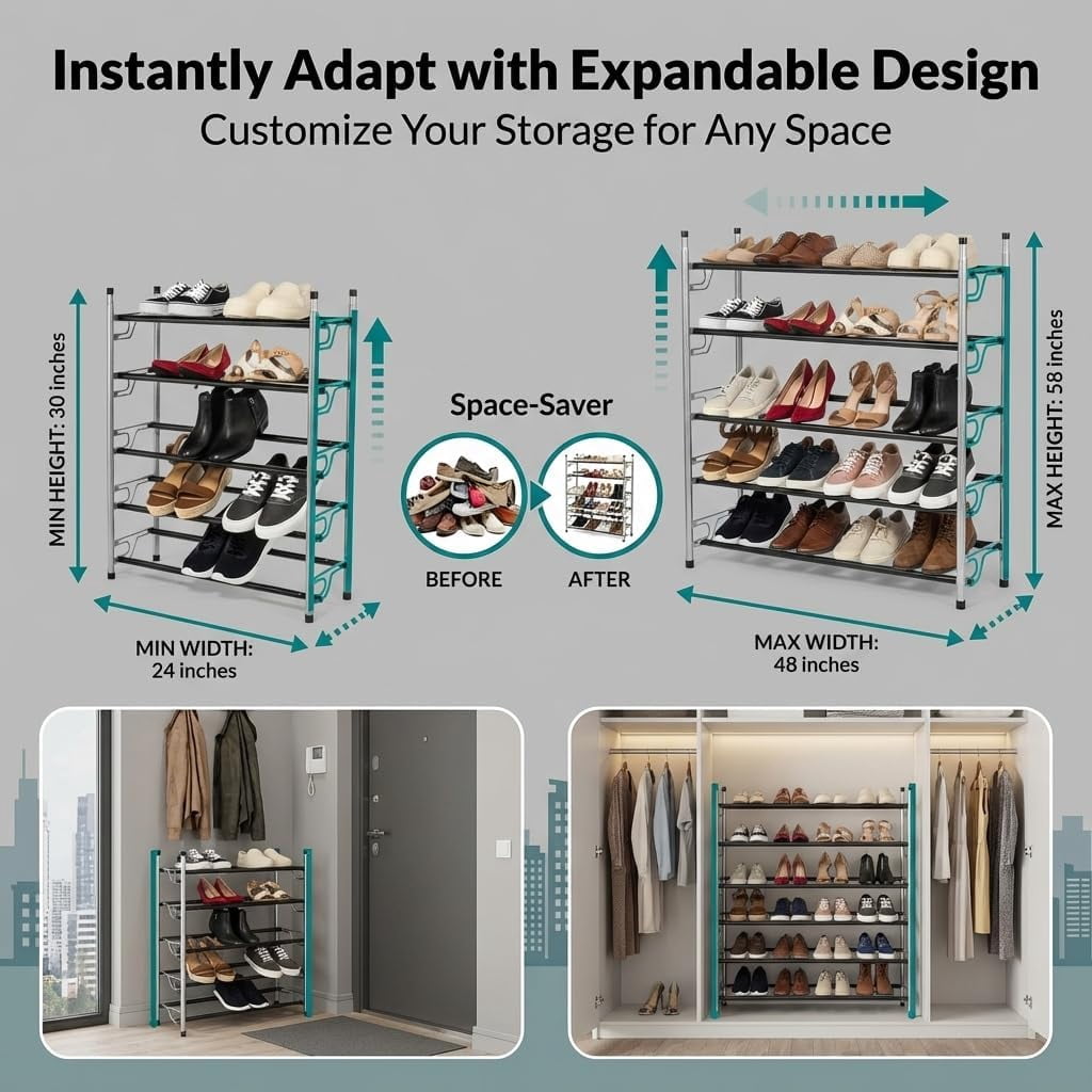 5-Tier Expandable Shoe Rack By USTECH – Adjustable & Stackable Metal Shoe Shelf Organizer, Heavy-Duty Alloy Steel Free-Standing Shoe Storage with Self-Assembly Design for Closet, Entryway, or Bedroom