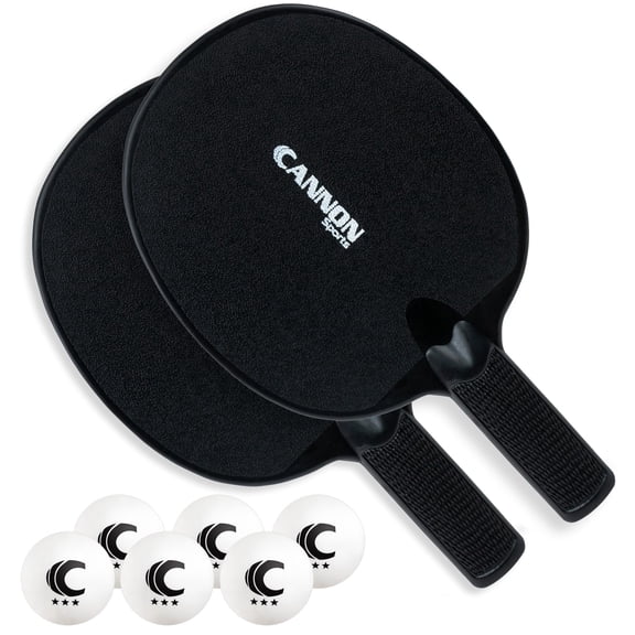 Cannon Sports Unbreakable Table Tennis Paddle Set - 2 Rackets with 6 Pack of 3-Star Table Tennis Balls – Portable Set for 2 Players (2 Black Paddles 6 White Balls)