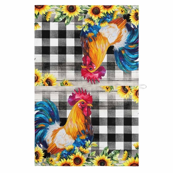 Farmhouse Rooster 1 Pack Kitchen Towel, Water Absorbent Dish Towel, Black Plaid Botanical Sunflower Floral Decorative Hand Towels - Quick Drying Cloth for Cooking Baking, 18x28 Inch