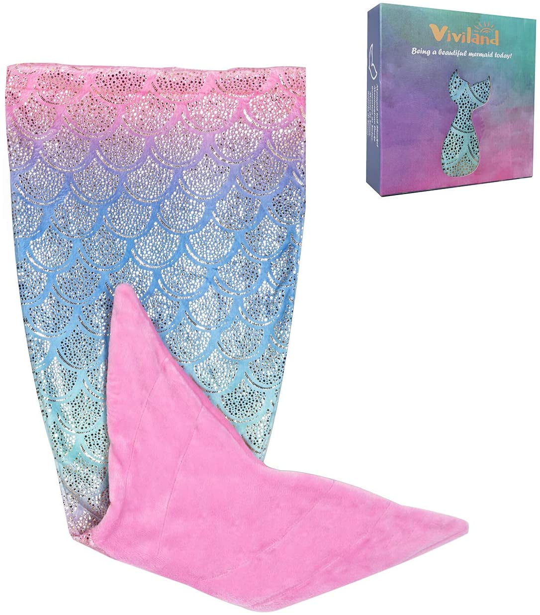 Viviland Kids Mermaid Tail Blanket for Girls Teens Rainbow Foil Pink