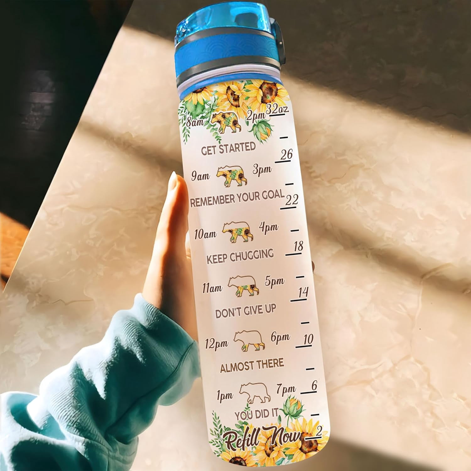 Bear Lovers Water Bottle - 32 Oz 1Liter Motivational Bottle With Time Marker, Mama Bear With Sunflower Gift For Animal Lovers, Women, Girls, Mom on Birthday, Christmas