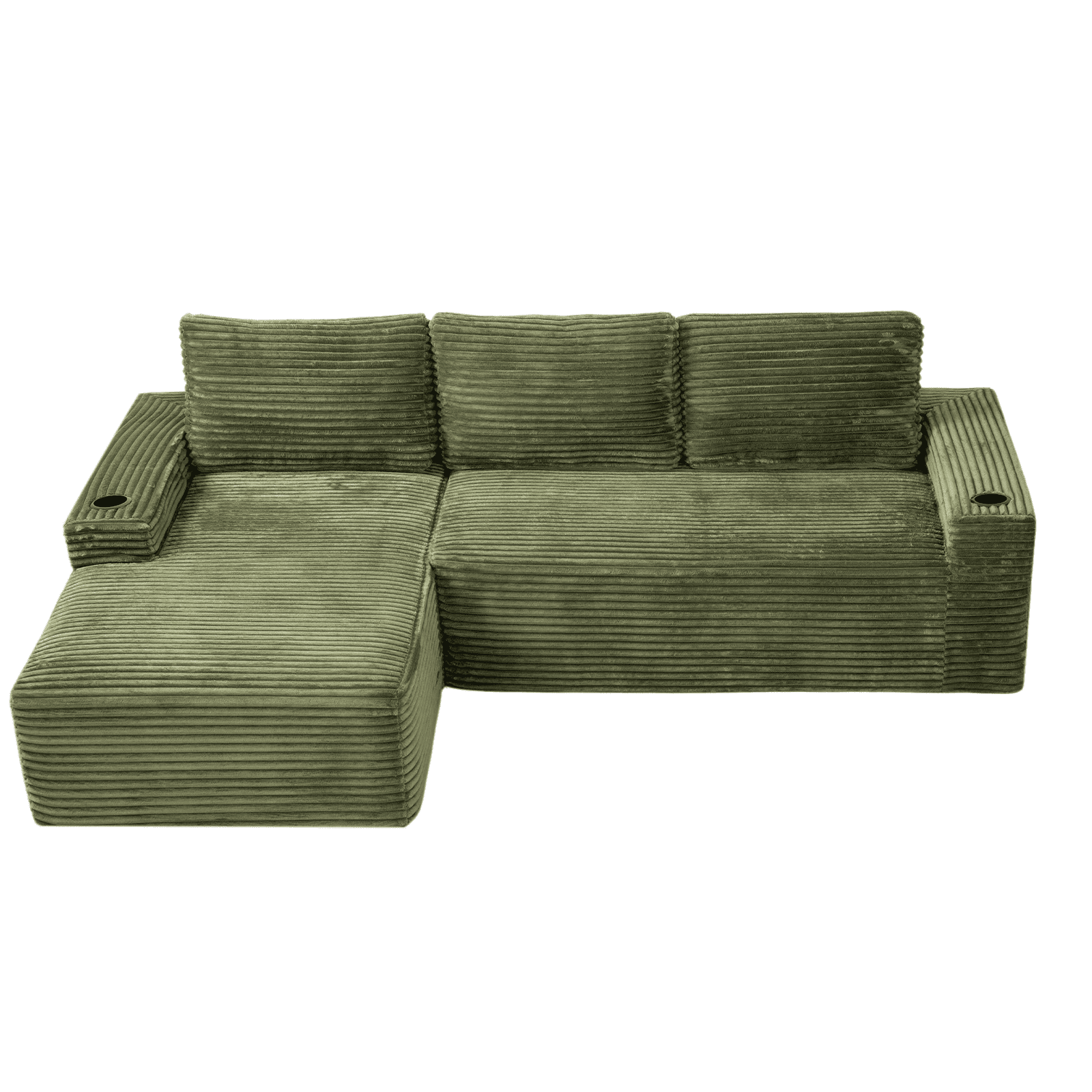 L-Shape Cloud Couch Cup Holders, Modular 104" Cloud Sectional Sofa Corduroy Boneless Sofa Couch with Chaise for Living Room, Green