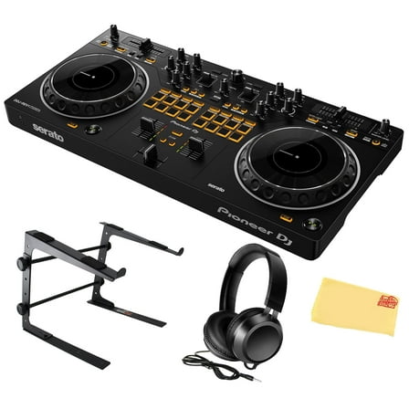 Pioneer DDJ-REV1 Scratch-Style 2-Channel DJ Controller for Serato DJ Lite - Black Bundle with Laptop Stand, Headphones and, Austin Bazaar Polishing Cloth