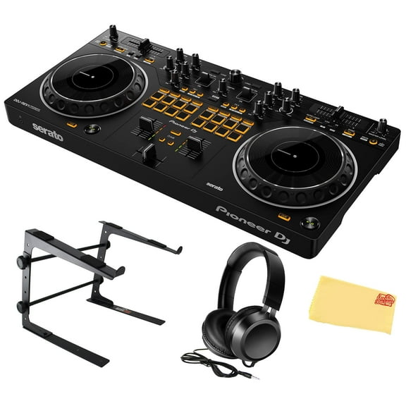 Pioneer DDJ-REV1 Scratch-Style 2-Channel DJ Controller for Serato DJ Lite - Black Bundle with Laptop Stand, Headphones and, Austin Bazaar Polishing Cloth