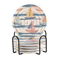 Yayeee 6 PCS Drink Coasters with Holder Set Woven Absorbent Round Tabletop Hot Pad, White Hand Drawn Sailboats