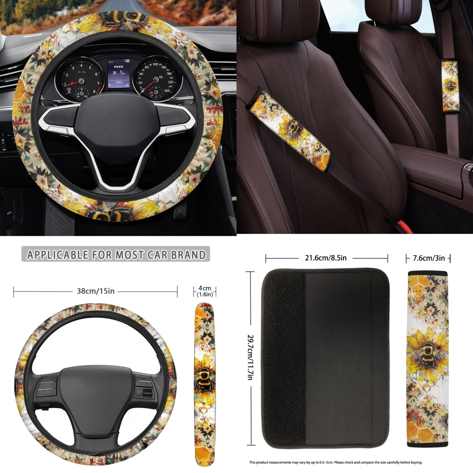 Yuyamidu Bee Car Seat Cover Set of 15 Yellow Sunflower Auto Carpet Mats Steering Wheel Cover Seat Belt Pad Car Gear Shift Cover Rearview Mirror Cover for Truck Sedan