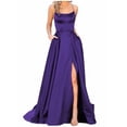thumbnail image 2 of Women's Satin Halter Backless Maxi Dress - A-Line Cross Strap Side Slit with Pockets, Purple, L, 2 of 5