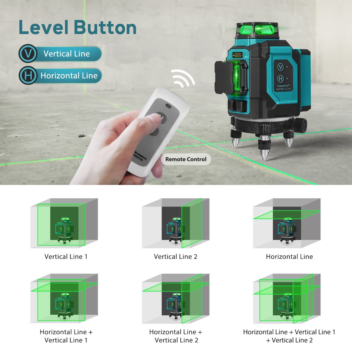 Takamine  3x360° 12 Lines Self Leveling Green Laser Level for Construction with Removable Lithium Battery, Remote Controller, Magnetic Rotating Stand and Hard Case-GM120S