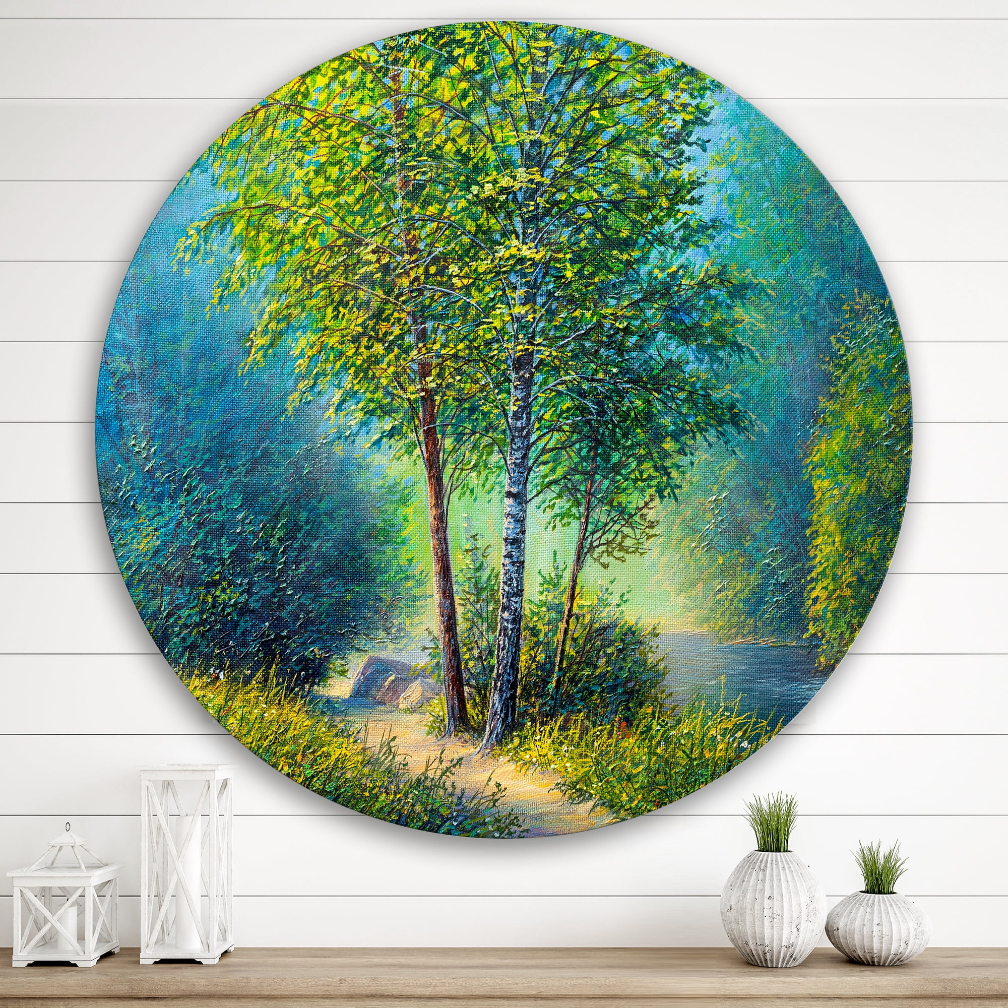 Designart 'Three Vibrant Green Trees By The River' Lake House Circle Metal Wall Art 36x36 - Disc of 36