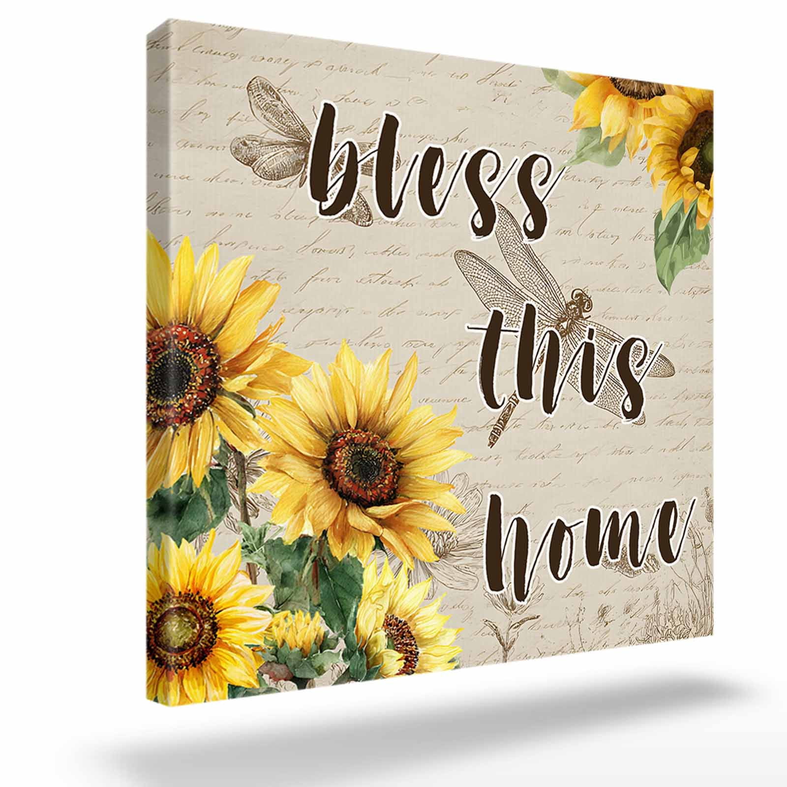 Blesses This Home Framed Canvas Wall Art, Sunflower Floral Dragonflies Farm Vintage Wall Art Painting for Living Room Bedroom Home Decor, 12”x12”, Office Artwork Print